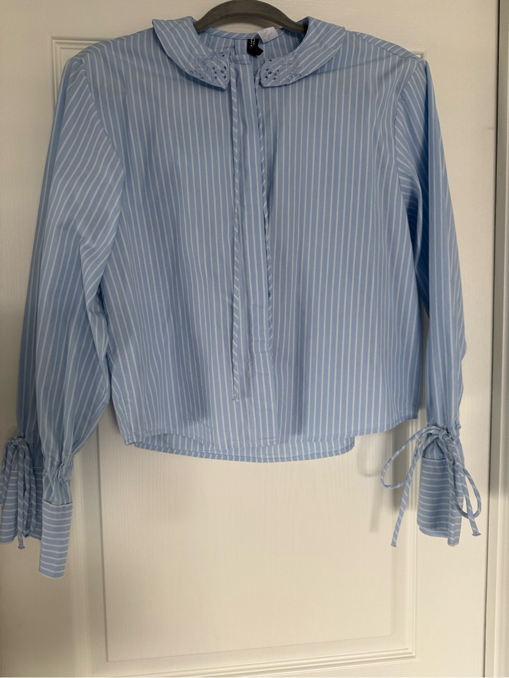 Divided Light Blue & White Pinstripe Tie-Cuff Blouse with Peter Pan Collar
